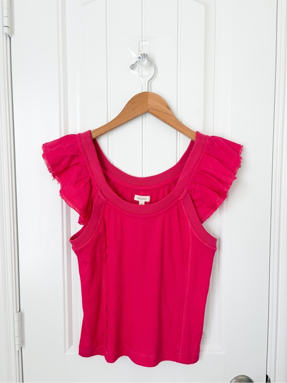 Pilcro Ruffle Cap Sleeve Ribbed Top Hot Pink Size Medium